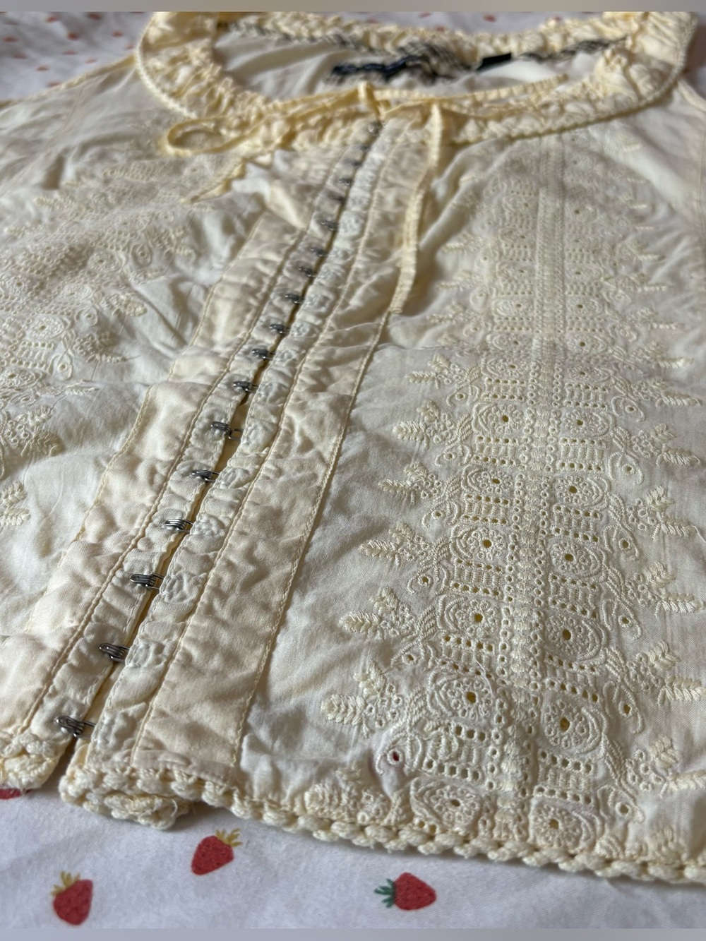 Embroidered Soft Yellow Eyelet Tie Back Blouse with Front Hook & Eye Closure